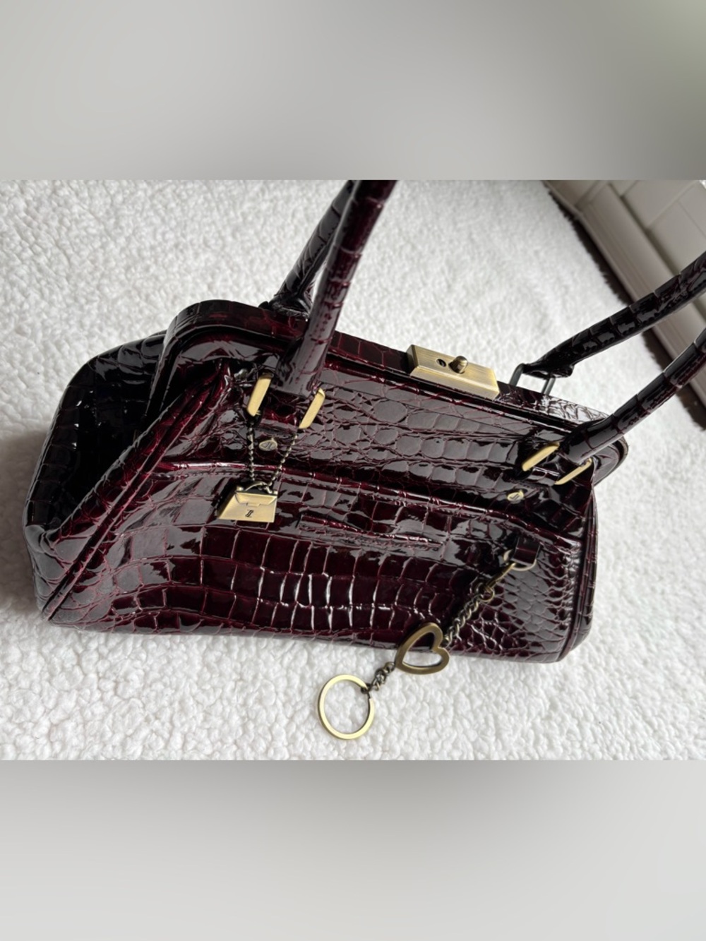 Jeanne Lottie Retro Vintage Patent Croc-Embossed Structured Satchel Burgundy